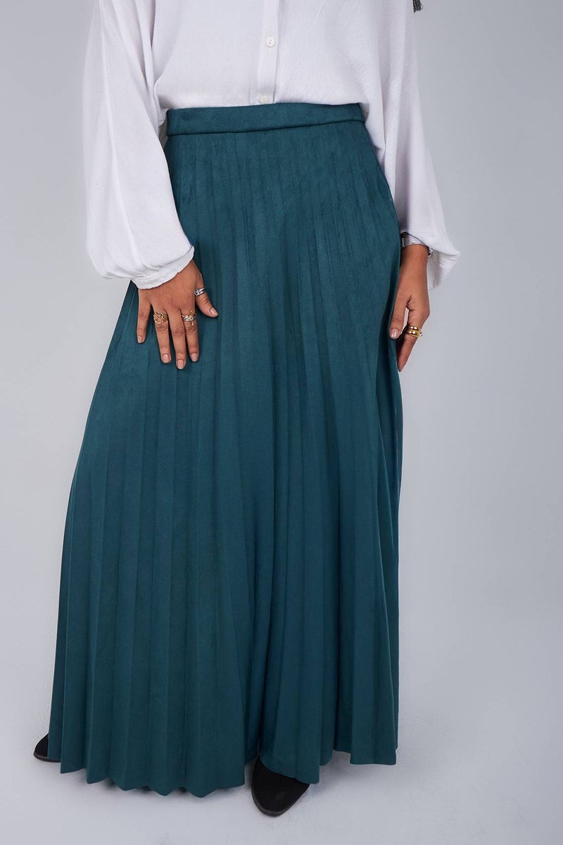 Teal Suede Pleated Skirt - Image 2